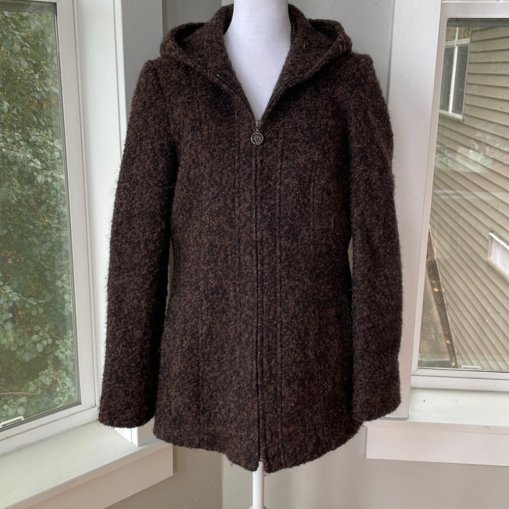 Anne Klein Chocolate Brown Wool Boucle Hooded Zip Front Jacket Size Small